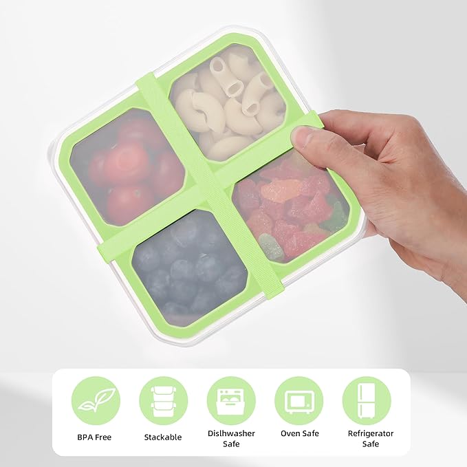 BEFOY 4 Pack Stainless Steel Snack Containers with Lids 4 Compartment Food Storage Containers for Adults & Kids Meal Prep Containers Reusablele (Green, 2)