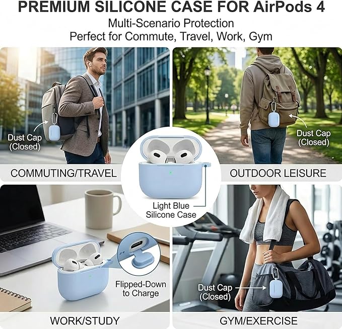 for Airpods 4th Case Cover, Come with Cleaner Kit,Soft Skin Silicone Case Cover with Keychain, Full Protective Case for Men and Women, Compatible with AirPods 4th Generation Case,Sky Blue