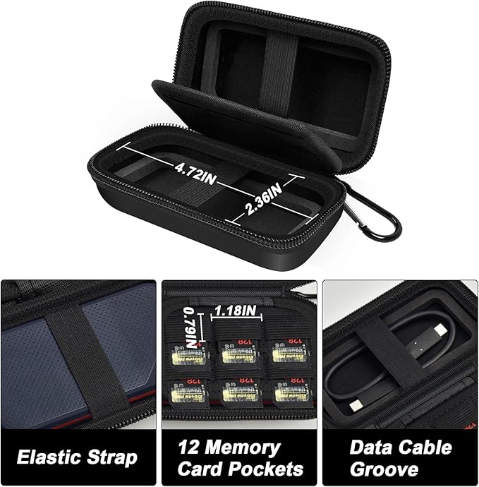 COMECASE Dual SSD Case for SanDisk Extreme Portable SSD & Extreme Pro, Hard Drive Storage Bag Fits 1TB 2TB 4TB 8TB External Solid State Drive, with 12 SD Card Slots, for Travel - Black(Box Only)