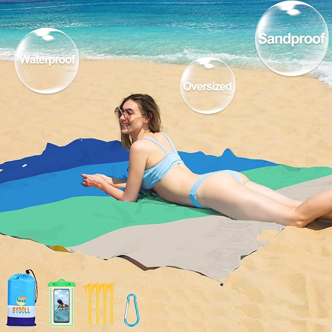 BYDOLL Beach Blanket Waterproof Sandproof Large Sand Free,78''X81''/10'X9' Oversized Sandless Lightweight Blanket Picnic Mat for Beach Travel Camping Hiking with Stakes