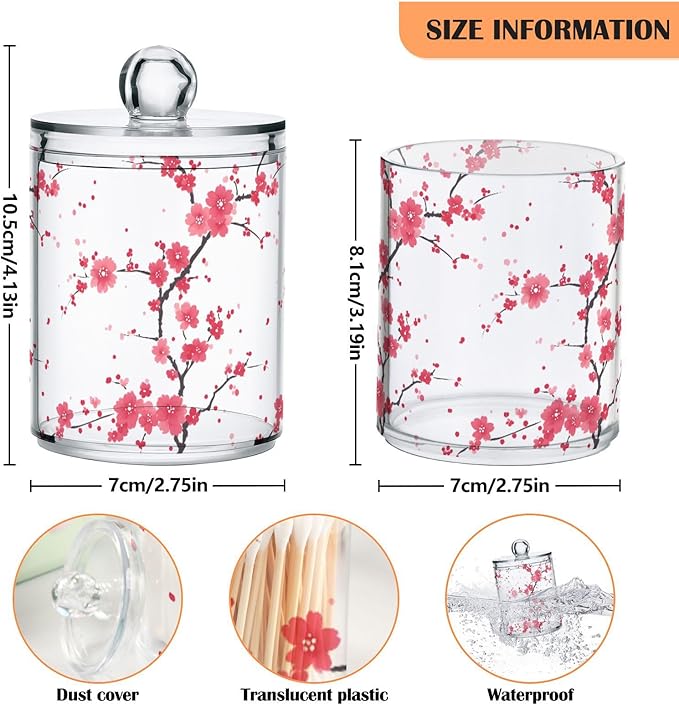 2 Pack Qtip Holder Organizer Dispenser Branches Pink Cherry Blossom Bathroom Storage Canister Cotton Ball Holder Container for Cotton Pads/Swabs/Floss