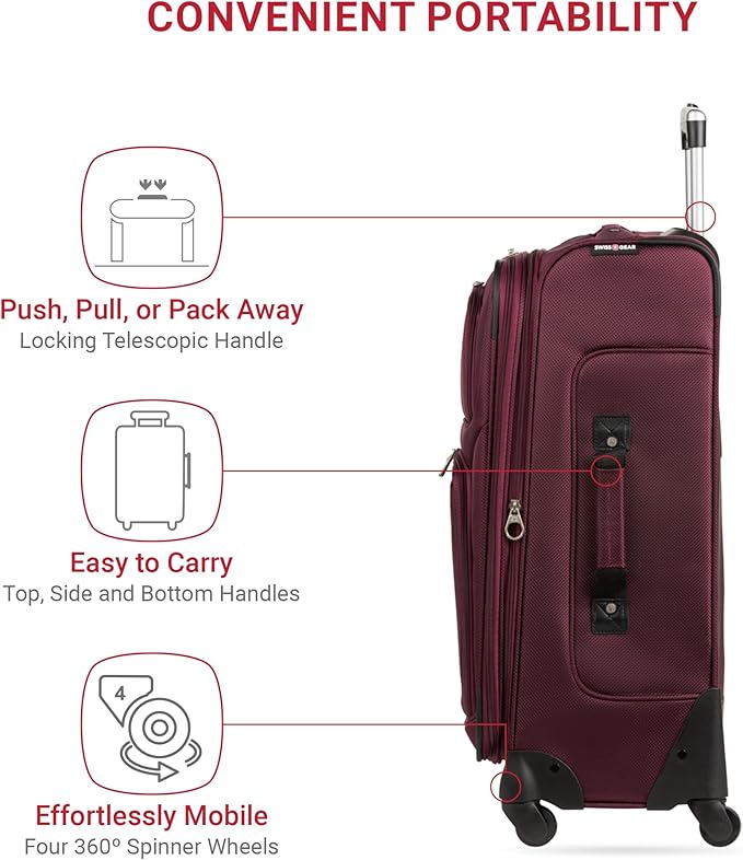 SWISSGEAR Sion Softside Expandable Spinner Luggage Durable Lightweight Travel Suitcase, Merlot, Checked-Medium