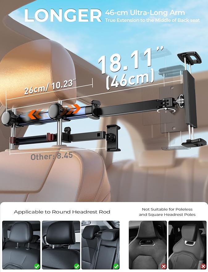 Tryone Headrest Tablet Holder for Car Accessories : [18.11-inch Long Arm] 3-in-1 Backseat Tablet Holder for Kids Road Trip Compatible with iPad Switch Smartphones & Tablets or Other 4.7-13" Devices