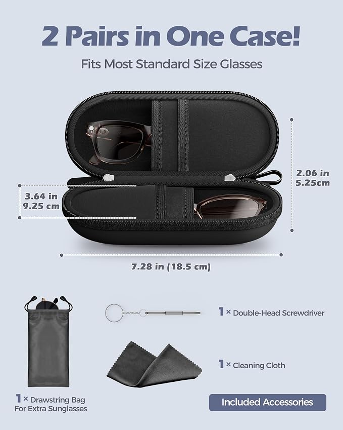 ProCase Double Sunglasses Case, Hard EVA Shell Shockproof Dual Eyeglass Case for Men Women with Metal Hook and Velvet Lining, Travel Zipper Glasses Holder Organizer for Couple Gifts -Black