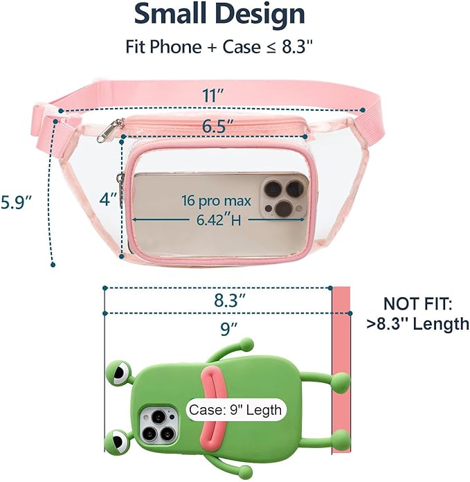 Veckle Clear Fanny Pack Stadium Approved - Adjustable 33-47 Inch Strap, Transparent Belt Bag for Women Men Fits 7.5-inch Smartphone, Waist Bag Clear Bag for Stadium Events, Sport, Concerts, Rose Pink