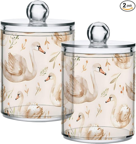 2 Pack Qtip Holder Organizer Dispenser Swans and Grass Bathroom Storage Canister Cotton Ball Holder Container for Cotton Pads/Swabs/Floss