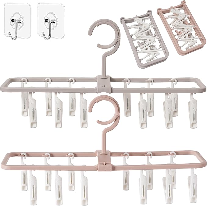 Clothes Drying Racks 2 Pack Grey Pink Small Folding Portable Underwear Hangers with 12 Clips 360° Rotatable Hook for Socks Drying Towels Bras Baby Clothes Gloves Plast 2 pcs Traceless Hook