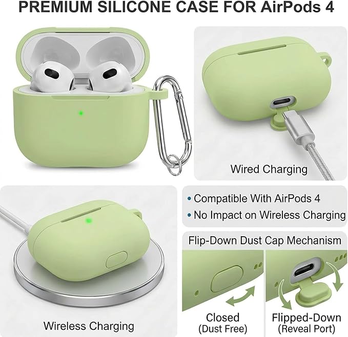 for Airpods 4th Case Cover,Come with Cleaner Kit,Soft Skin Silicone Case Cover with Keychain,Full Protective Case for Men and Women,Compatible with AirPods 4th Generation Case,Matcha Green