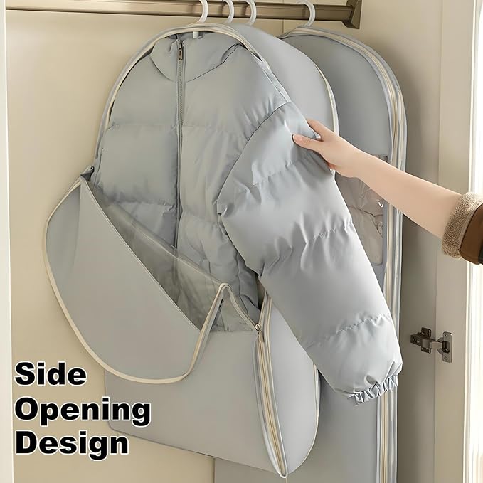 Space Saving Hanging Garment Bag with Self Compression Zipper, New Update Space Saver Clothes Storage Organizer, Dust Cover Clothes Bags for Down Coat Suit Dress or Jacket (Gray, L)
