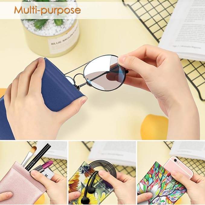 FINTIE Soft Eyeglasses Case with Cleaning Cloth, Portable Squeeze Top Vegan Leather Glasses Pouch, Sunglasses Eyewear Bag