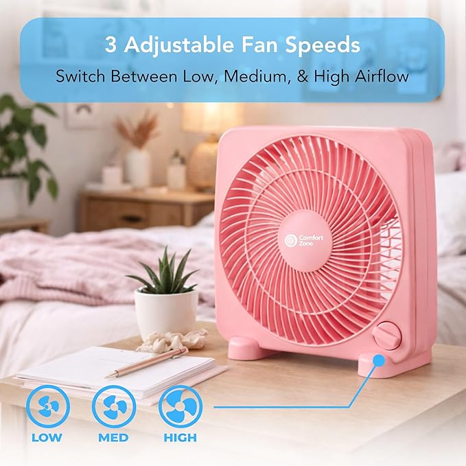 Comfort Zone 9-inch Portable Box Fan – Compact Desktop Cooling Fan with 3-Speeds, Quiet Operation, Built-in Carry Handle & Safety Grill – ETL Listed for Home, Office, or Dorm – Pink