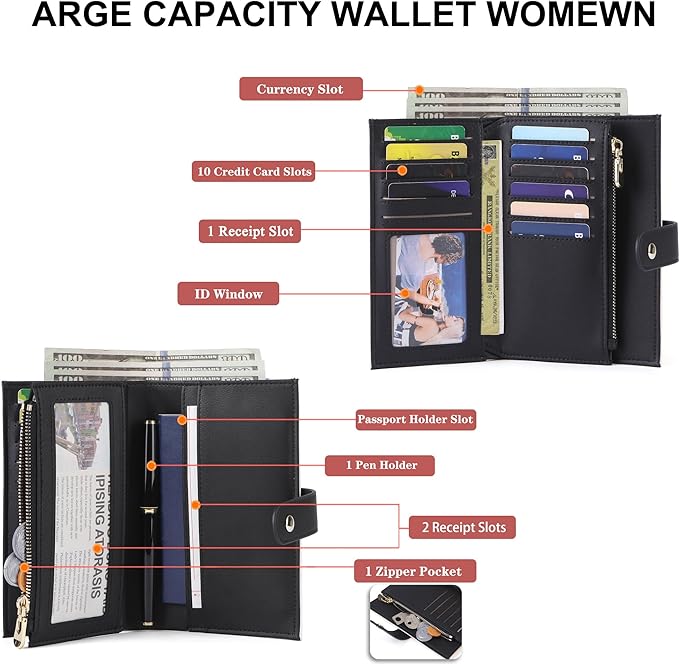 yiijay Wallet Women RFID Blocking Multi Cards Wallet Credit Card Holder for Women Large Capacity Lady Leather Trifold Travel Wallet with Pen Holder