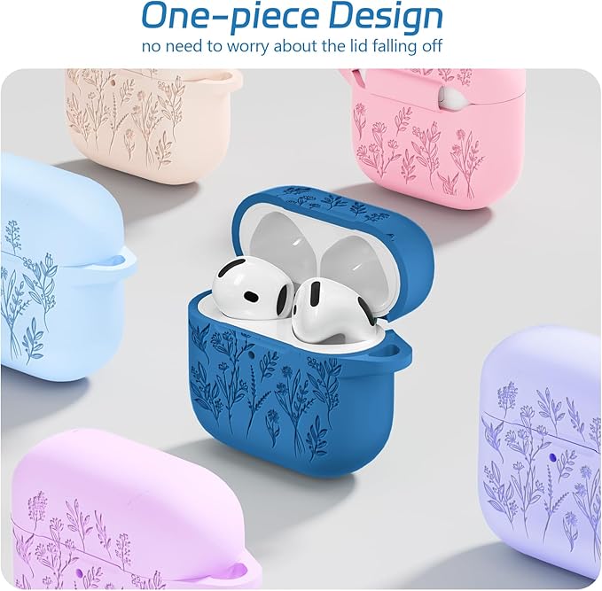 for Airpods 4 Case, Ekoonpft Flower Engraved Cases for Apple AirPods 4th Generation 2024, Soft Silicone Cover for Women Girly with 3-in-1 Cleaner Kit, Keychain, Military Grade Protection