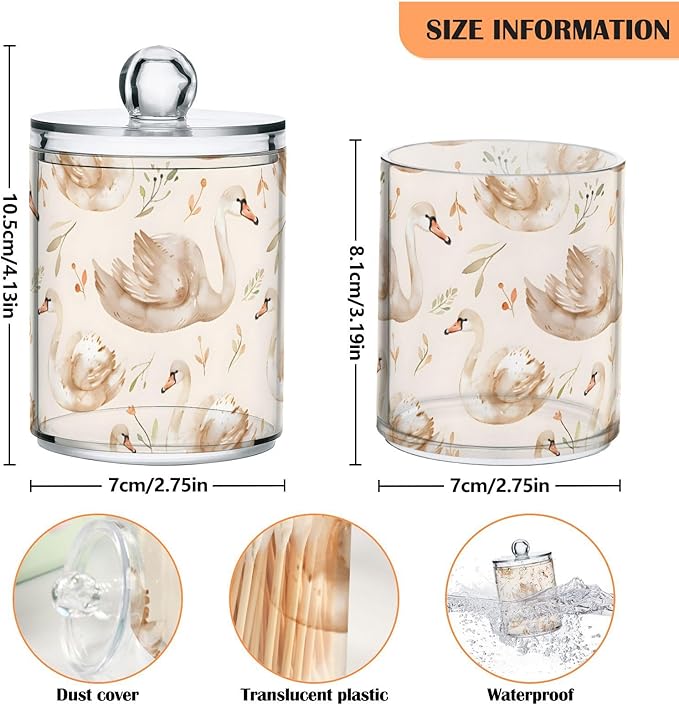 2 Pack Qtip Holder Organizer Dispenser Swans and Grass Bathroom Storage Canister Cotton Ball Holder Container for Cotton Pads/Swabs/Floss