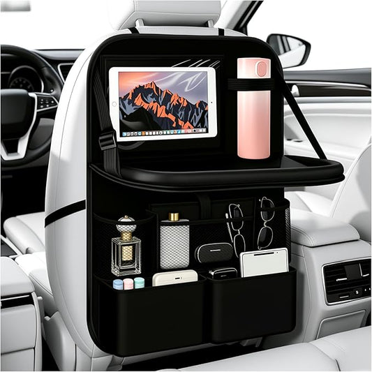 2026 New Backseat Car Organizer,Multifunctional Back Seat Car Organizer with Foldable Table Trays,Hanging Cars Seats Backs Organizers as Kick Mats Back Seat Protector