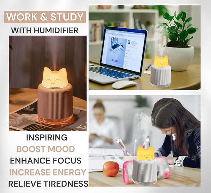 Mini Portable Ultrasonic Cat Humidifier for Bedroom Baby Car Desk. Cute Cool Mist Small Air Humidifier with USB for Home Office Travel Nursery Pet Plant. Silent & Auto Shut-off - ASTROVIS (Pink)