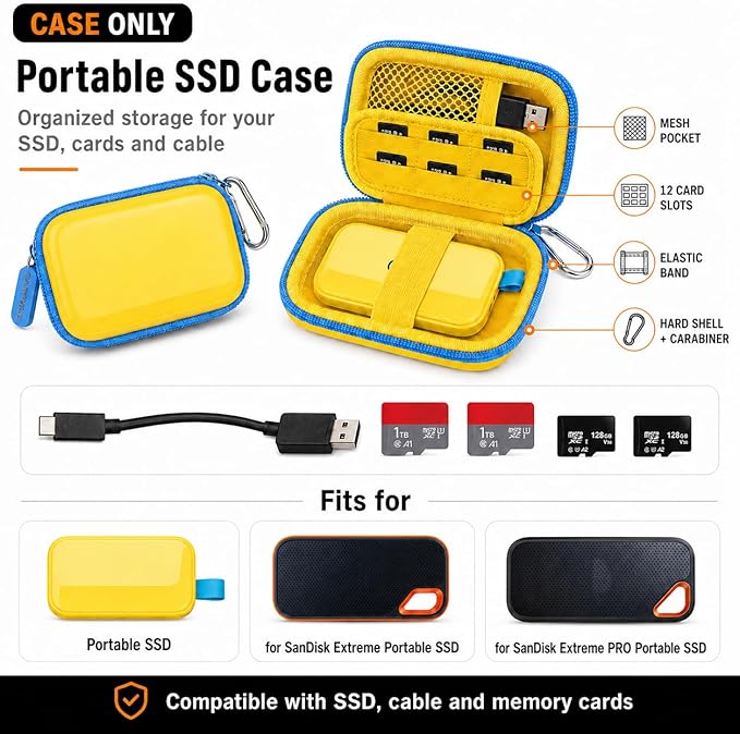 PAIYULE SSD Case for SanDisk Extreme Portable SSD Old & New Model and Extreme PRO,Hard Shell Protective Storage Bag, Fits 1TB 2TB 4TB 8TB External Solid State Drive for Travel (Yellow)