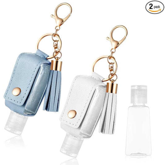 2Pcs Portable Leather Hand Sanitizer Holder, Travel Size Keychain Refillable Bottle for Toiletry Lotion Liquid Soap Shampoo (Blue, White)