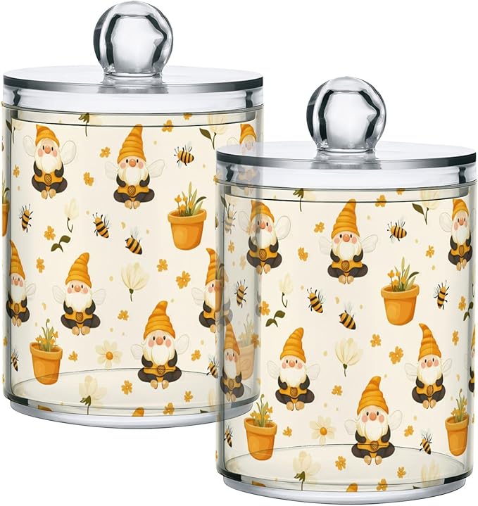 Gredecor Qtip Holder Dispenser 4 Pack Gnome Bees Flying Dwarf Daisy Apothecary Jars with Lids Bathroom Vanity Countertop Canister Storage Organizer for Cotton Ball,Swabs,Pads,Floss