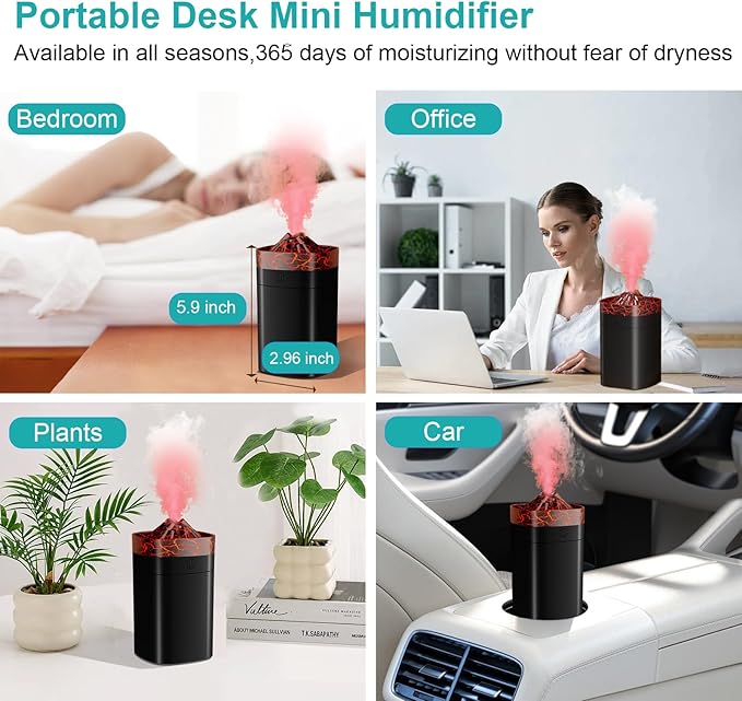 Portable Small Humidifier, 400ml Cool Mist Humidifiers for Bedroom, USB Powered Desktop Humidifier with Light for Car, Office, Travel, Plants, Auto Shut-Off, 2 Mist Modes, Super Quiet, Black-Crackle