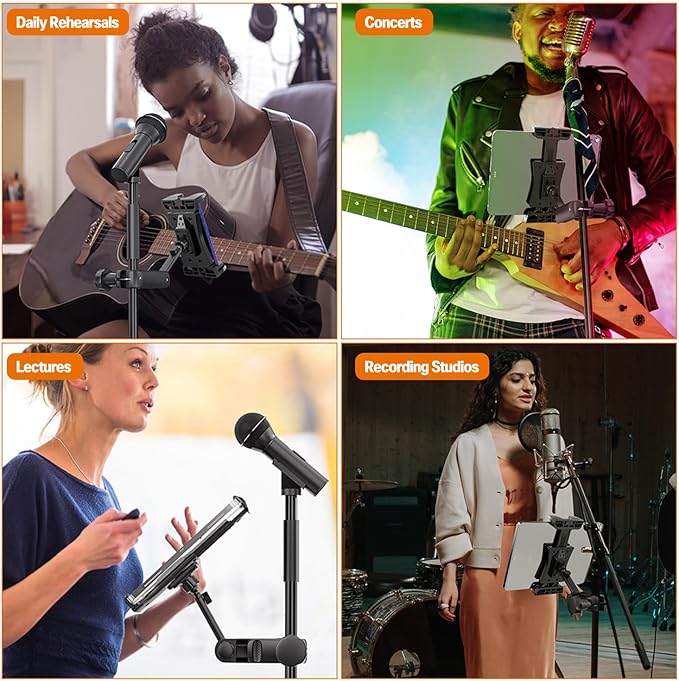 Tablet Holder for Microphone Stand, Mic Music Stand Tablet Holder for iPad, 360° Adjustable Clip-on Phone Mount for Shee Music Stand, Fits Devices from Screen Size 4.7 to 12.9”