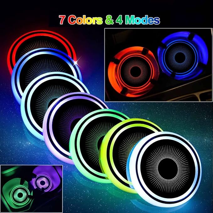2PCS LED Car Cup Holder Lights, Light up Car Coasters for Cup Holders 7 Color-Changing Light Up Cup Holder Insert Coasters, Waterproof Car Accessories for Teens, Car Gifts for Men & Women