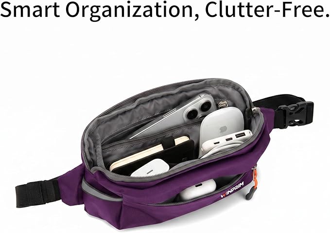 Fanny Pack for Men Women 2L Lightweight Waist Belt Hip Bag Slim Crossbody Adjustable Water Resistant Bum Belt Pouch for Travel Running Shopping Hiking Cycling Climbing EDC PURPLE