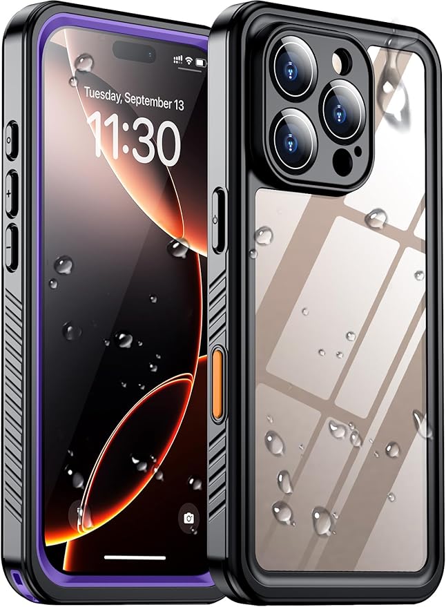 Compatible with iPhone 16 Pro Max Case Waterproof, Built-in Screen & Camera Protector IP68 Underwater Full Body 16FT Military Dropproof Shockproof Phone Case 6.9"-Purple/Clear