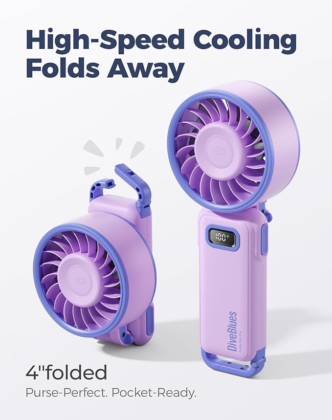 Diveblues Portable Turbo Fan, 7.4m/s High Speed Handheld Fan, 180° Foldable 4-in-1 Personal Neck Fan with Carabiner Clip, 100 Speed Stepless Control, USB-C Rechargeable for Travel, Makeup Hot Flashes