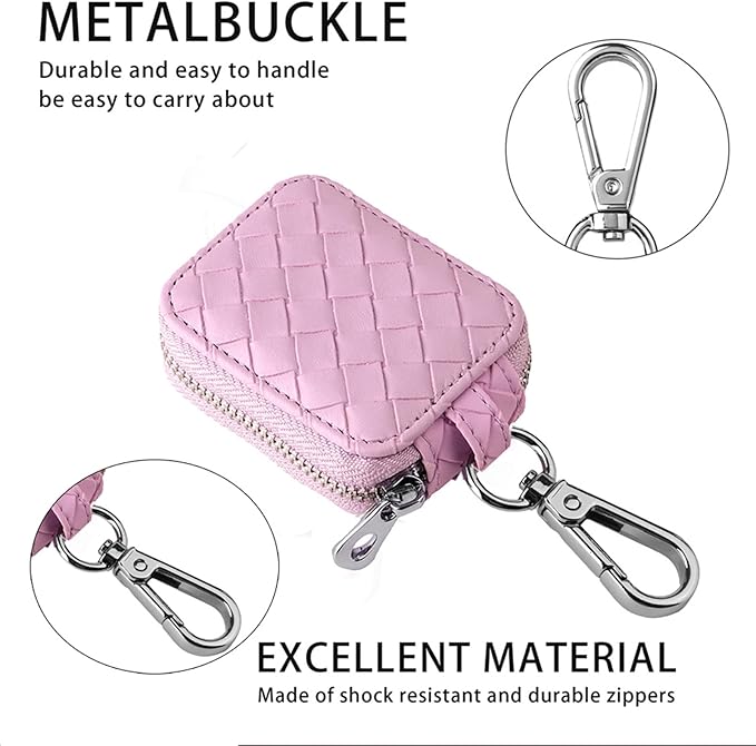 Earbud Case, Headphone Storage Case for AirPods 4/1/2/3/Pro 2, Leather Plaid Zipper Carrying Pouch Earbuds Bag with Keychain for Wireless Earphones, Wired Headphone & USB Cable Lattice Pink