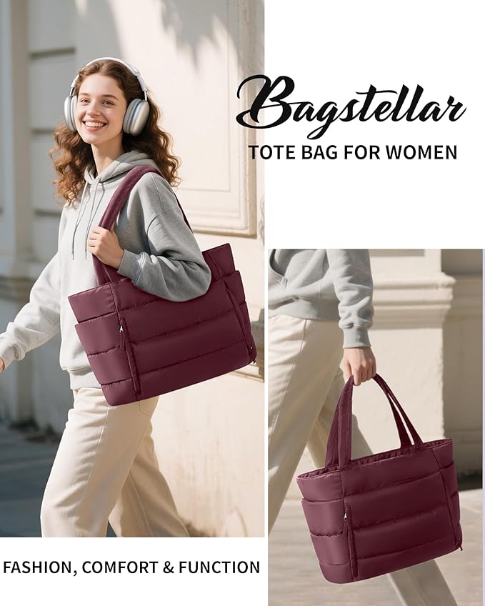 Bagstellar Puffer Tote Bag for Women, Lightweight Puffy Work Handbag Teacher Nurse Quilted Shoulder Bag for School Travel Gym | Cloud Bag w/ Zipper