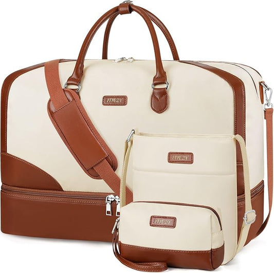 ITIEZY Weekender Overnight Bag for Women - Large Travel Duffel Bag with Shoe Compartment, Gym Duffel Bag Hospital Bag Carry On Tote Bags for Airplanes with Crossbody Bag Toiletry Bag 3Pcs Set