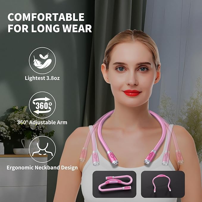 LUXJET Neck Reading Light & Book Light for Reading in Bed - Hands Free, 6 Brightness Levels, 360° Flexible Arms, 80-Hour Rechargeable - Reading, Knitting, Camping, Repairing (Pink-New)