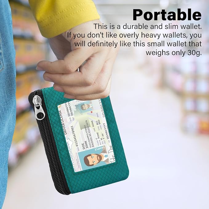 Minimalist Small Wallet for Men Women with 2 Zip Pockets, Multi Functional ID Case with Keychain and Card Holder, Coin Purse Badge Lanyard Pouch for Boys Girls Travel - Peacock Blue