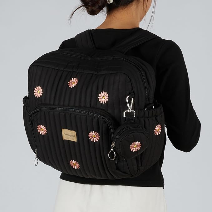 GOBABYMART Diaper Bag Backpack, Medium Maternity baby bag & Changing Pad, Insulated Pockets, Stroller Straps & Pacifier Case (Medium - Black Flowers)