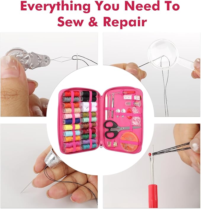 198pcs Sewing Kit for Adults Portable Travel Sewing Set,Dorm Room Essentials for Girls, Including Emergency Repair Tools Such as Needle and Thread, Scissors, Marker pens Needle and Thread kit (Pink)