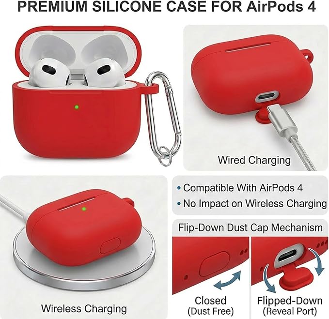 Silicone Case Cover for AirPods 4th Gen, Soft Skin, Full Protection, Keychain, Cleaner Kit (Red)