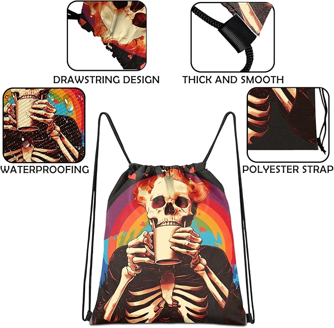 Drawstring Backpack Draw String Sports Bags for Gym Travel Beach Waterproof Cute Sackpack Men Women Aesthetic (13"×17")-Rainbow Skull