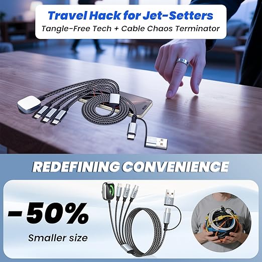 Travel Vacation Essentials 4 in 2 Dual Type C Multi Charging Cable for Apple Watch Charger,USB A/USB C Multiple Charger Cord for All Devices Compatible with iWatch Ultra/SE/10-1,iPhone 16-11 and More