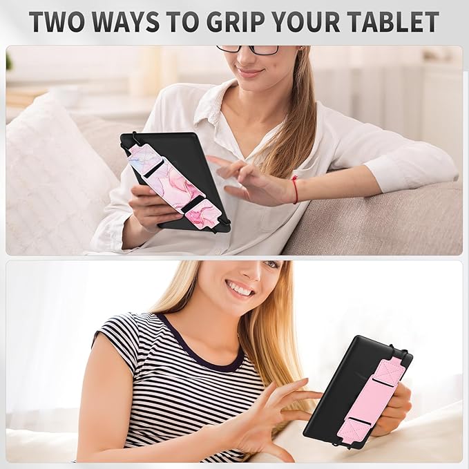 MoKo 2 Pack Security Hand Strap for 6-8" eReaders Fire Tablet -Kindle/Kobo/Voyaga/Lenovo/Sony E-Book Tablet, High-Elasticity Versatile Hand Strap Lightweight Finger Grip Holder, Pink+Marble Pink