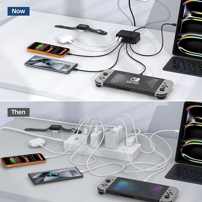 6 in 1 USB Charger, 50% Smaller Charging Station for Multiple Devices, 100W Fast Charging Blocks with Type C Ports, USB Charging Hub Organizer Multiport Power Strip for iPhone, Ipad, Kindle, Travel