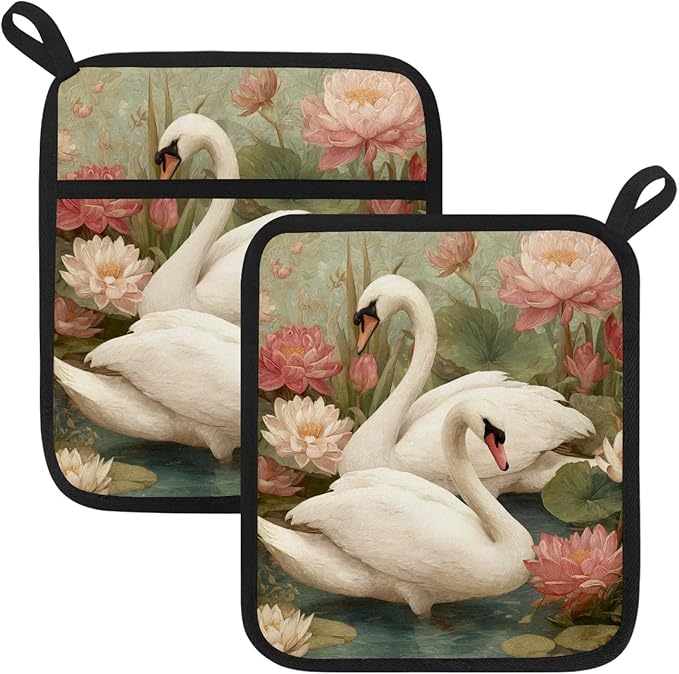 White Swan and Vintage Flowers Pot Holders with Pockets 2 PCS, Heat Resistant Oven Mitts Hot Pads for Kitchen Baking Cooking, Square Thick Pot Holders Kitchen Hot Potholders, 8.5x10 Inches