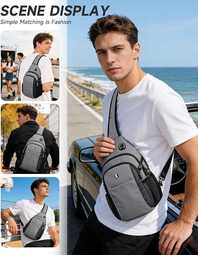 Expandable Sling Bag for Men, Anti-Theft Chest Pack with Water Bottle Pocket & Earphone Port, Crossbody Backpack for Hiking, Travel & Outdoor, Fits Switch 2, 11 Inch iPad, Grey | Mens Crossbody Bag