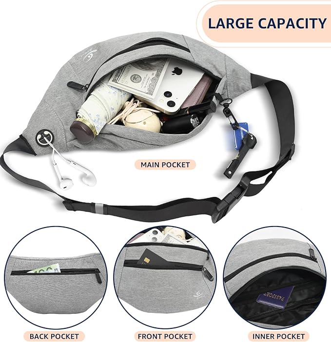 HiRui Large Crossbody Fanny Pack for Men Women Waist Bag Pack with 4-Zipper Pockets Phone Bag Fits All Phones Wallet Keys, Casual Hands-Free Waist Pack for Travel Workout Running (Gray)