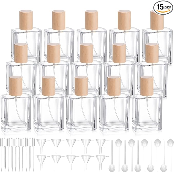 Domensi 15 Pcs 10/15/30/50 ml Glass Perfume Bottles Mini Glass Empty Spray Atomizer Bottles Bulk Refillable Perfume Dispenser Container with Pump Tool for Travel Skin Care (50 ml,Light Woddy Color)