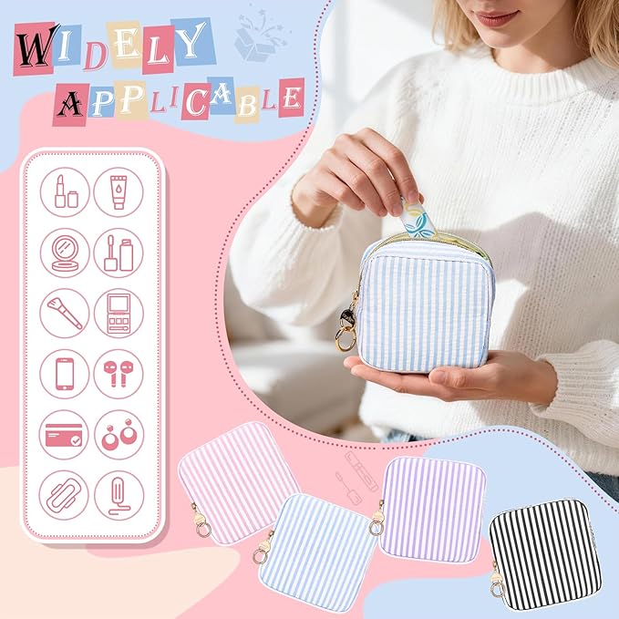 Stripes Period Bag, Small Period Pouches for Teen Girls, Quilted Sanitary Napkin Storage Bag, Compact Discreet Pad and Tampon Holder for Purse (Mini Stripes-Blue)