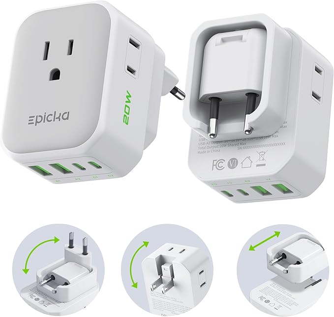 EPICKA Hybrid European Travel Plug Adapter,2-Pack Foldable Detachable Type C (EU) VisaPlug, 8-in-1 International Power Adapter with 4 USB Ports (2 USB-C PD 20W), US to Europe