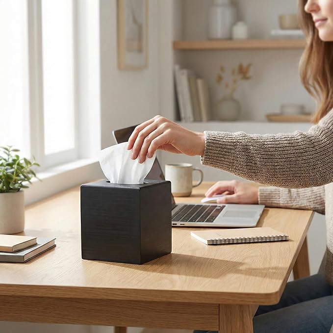 S310 Wood Tissue Box Cover, Square Tissue Box Holder with Slide-Out Bottom, Wooden Cube Tissue Covers Tissue Holders for Bathrooms Office Kitchen, Black