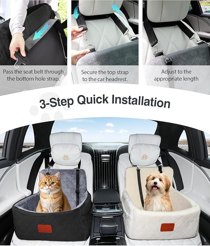 WOOAIDAGG Dog Car Seat for Small Dogs Under 30lbs, Comfy & Safe Travel Bed with Washable Cover, 2 Clip-On Safety Leashes and Pockets, Anti-Slip Base, Easy to Install(Black/Grey)