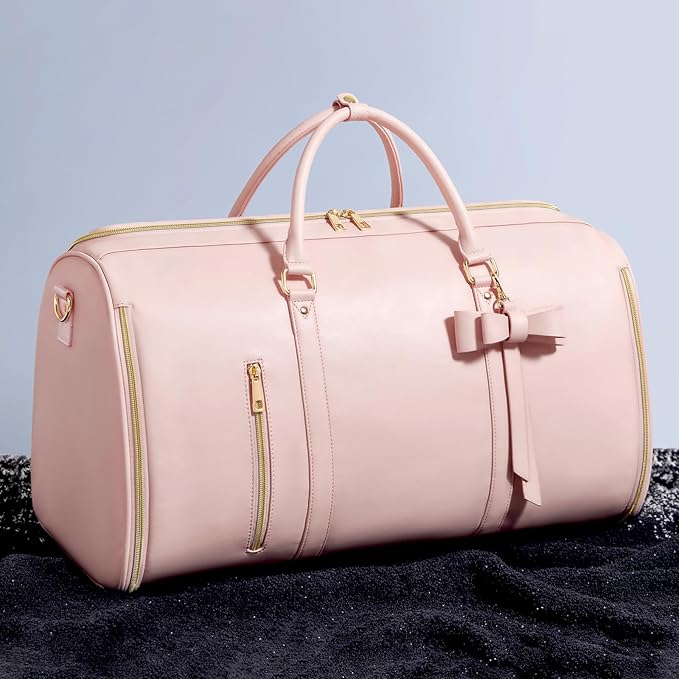 Garment Bags for Travel, Convertible Suit Travel Bag for Women, Fashion & Cute Carry On Garment Bag w/Shoes Pouch, 2 in 1 Foldable PU Leather Hanging Duffle Bag, Single-Zipper Design, Pink